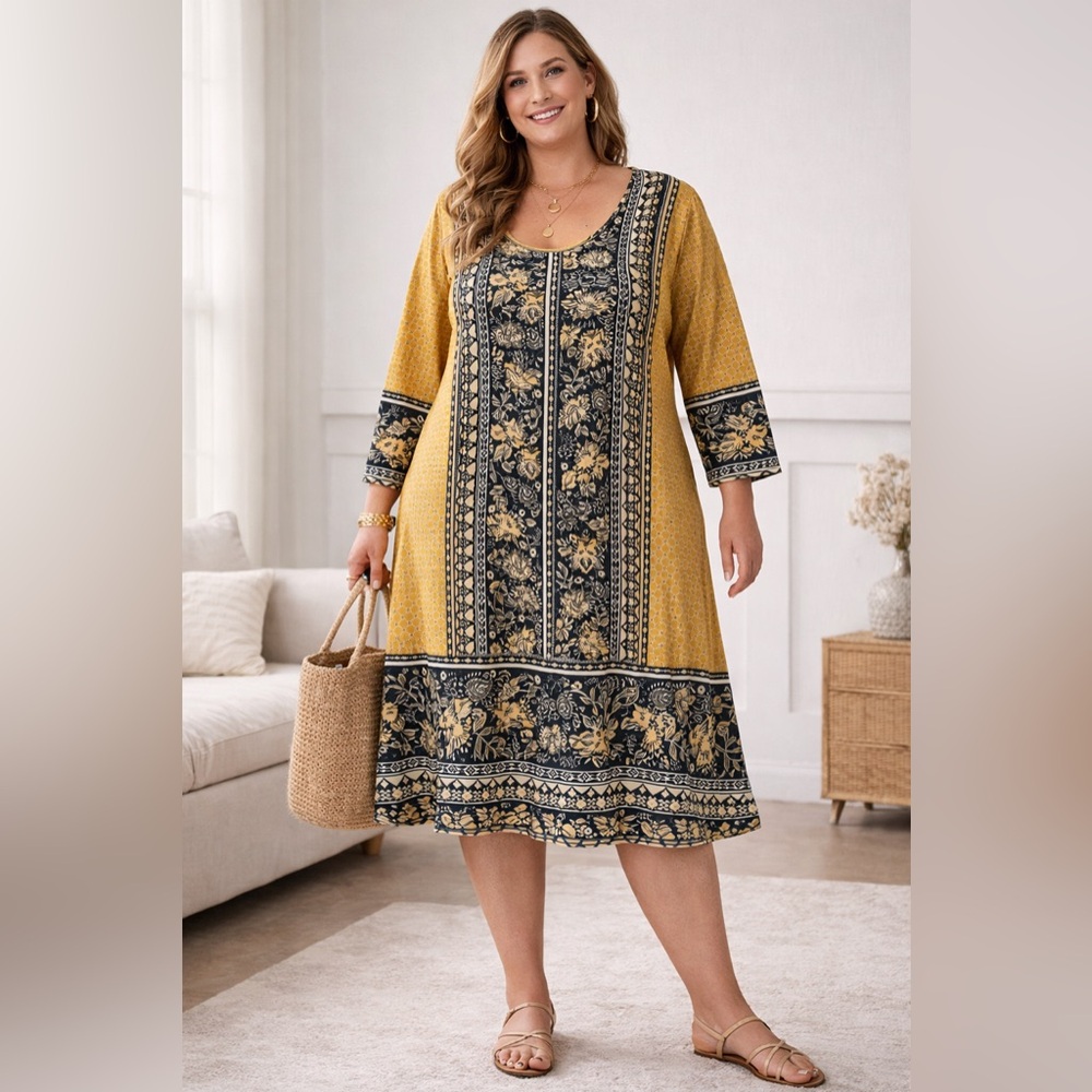Lilly Women’s Boho Maxi Dress 3/4 Sleeve Mustard Black Floral 4XL Western comfy